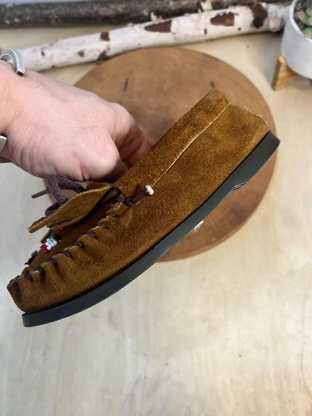 Minnetonka Thunderbird II Beaded Suede Moccasins Brown Size 13